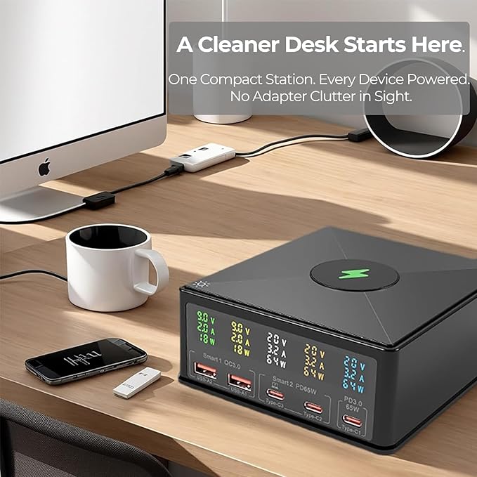 160W Desktop Charging Station 6-in-1: USB-C PD 65W Laptop Charger, QC 3.0, Qi Wireless Pad, Per-Port Digital Display On/Off ??for MacBook, iPhone, Samsung, Pixel