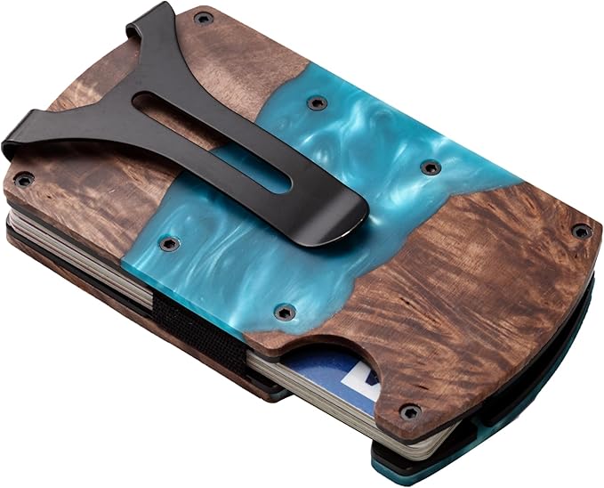 Slim Wallet for Men,RFID Blocking Minimalist Metal Wallet, Money Clip/Cash Holder, Front Pocket Aluminum Credit Card Holder, Ideal Gift for Men,Resin Light Blue-Wood