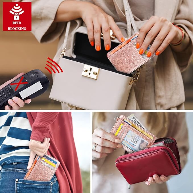 Coco Rossi Slim Front Pocket Wallet RFID ID Card Holder Cute Small Wallet with Keychian for Women,Rose Gold Glitter