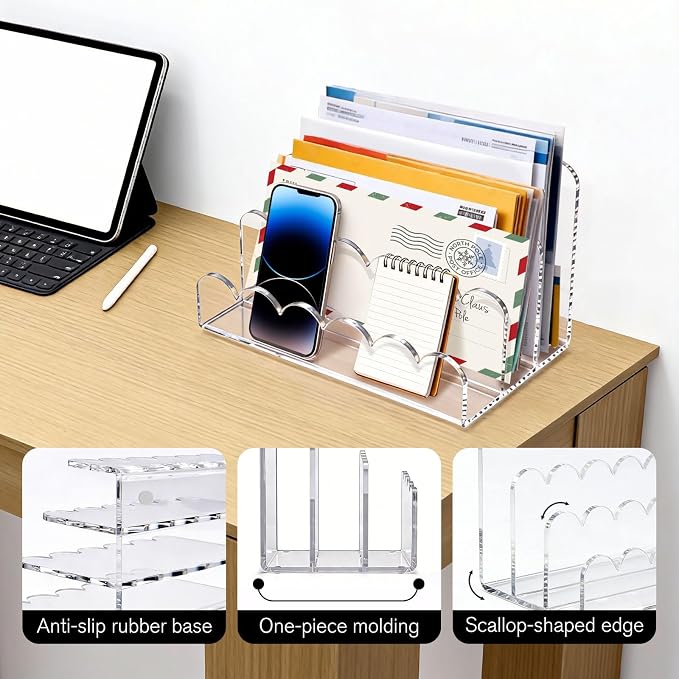 Acrylic Scalloped Mail Organizer, 3 Compartments Desktop Letter Holder, Vertical File Sorter, Desk Organizer for Letters, Envelopes, Bills and Stationery