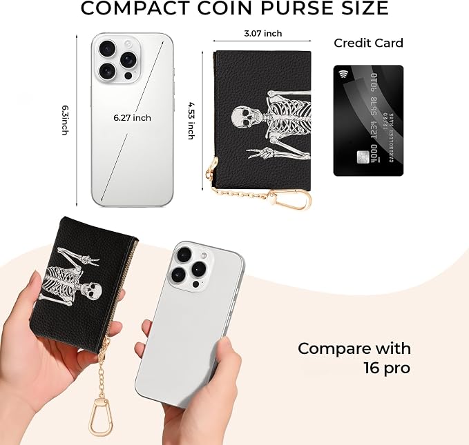 Funny Skull Skeleton Keychain Coin Purse for Women, Small PU Leather Change Pouch, Zipper Little Tiny Travel Wallet for Girls, Cute Kawaii Zip Pocket Coin Holder with Key Ring