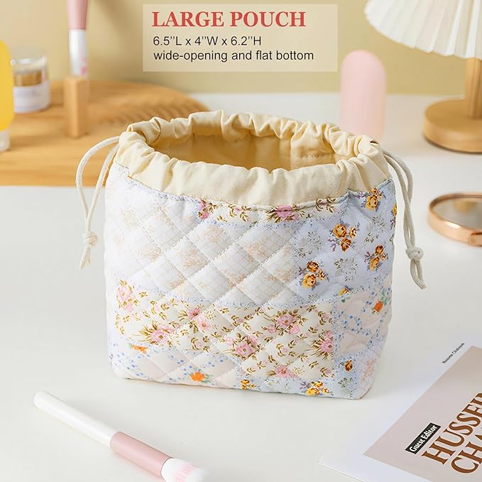 HAPPYHEIDI Floral Cotton Quilted Makeup Bag Set 2 Cosmetic Toiletry Travel Pouch w Pocket Purse Organizer 2-Size