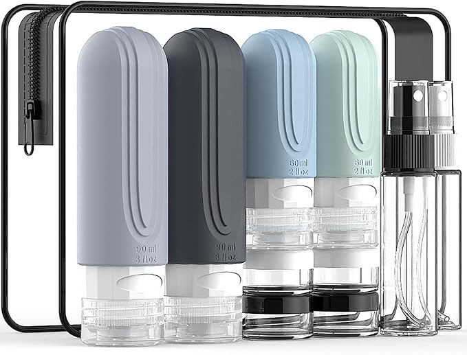 Travel Bottles for Toiletries 10 Pack, TSA Approved Travel Size Toiletries Essentials Containers Set, Leak Proof Silicone Bottles Kit, Refillable Liquid & Creams Accessories (GRAY)
