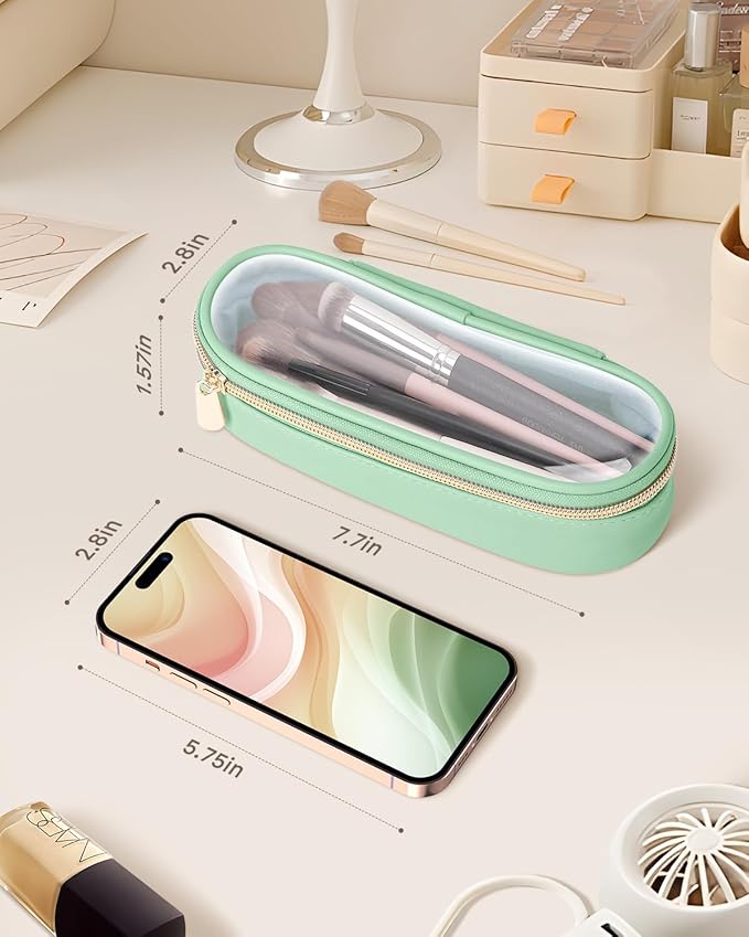 Soimeat Clear Travel Makeup Brush Holder, Leather Makeup Brush Toiletry Bag, Portable Cosmetic Brush Case, Transparent Waterproof Makeup Brush Storage Bag, Mint Green