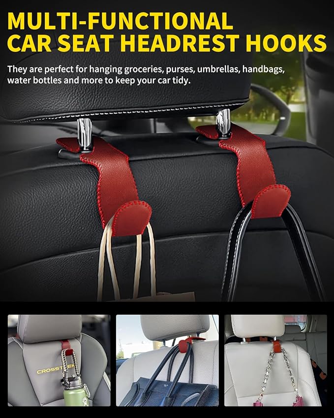 4 Pack Superior Leather Car Seat Headrest Hooks with 44 Pounds Load Capacity, Hangers Storage Organizer Universal Car Interior Accessories for Handbags Water Bottles Umbrellas, Red