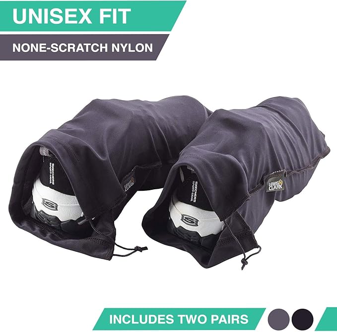Lewis N. Clark Nylon Drawstring Travel Shoe Bags + Covers for Women & Men, 2 Pair, Charcoal/Black, 1 Pack