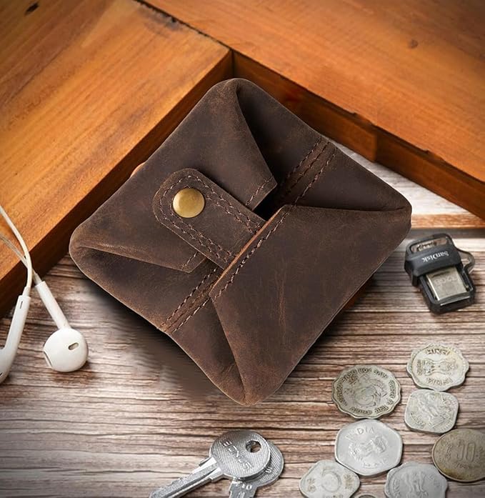 Full Grain Vintage Brown Leather Mini Coin Pocket | Leather Coin Pouch |Change Holder for Men & Women (Brown)