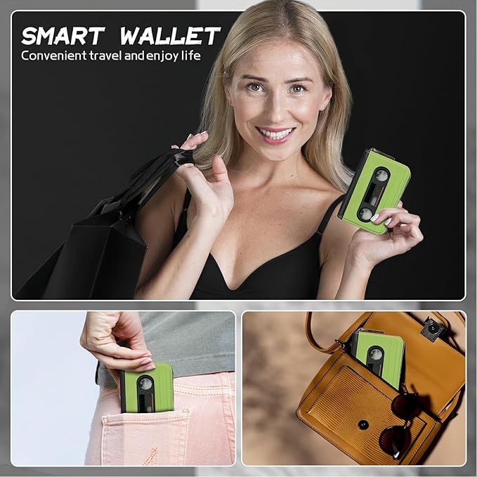 Cute Credit Card Holder with Zipper, Green Tape Cassette RFID-Blocking Card Case Small Wallet for Women Men, Multi-slot Card Organizer Case Travel Accordion Wallet