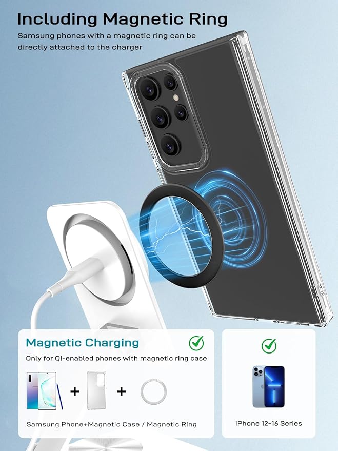 Compatible with MagSafe Charger, 15W MagSafe Charger Stand, 360°Rotation Base Adjustable Foldable Wireless Charger for Samsung Galaxy S25 Ultra/Z Fold7/Flip7/iPhone 17/Pixel 10 Pro/Pixel 10 Pro Fold