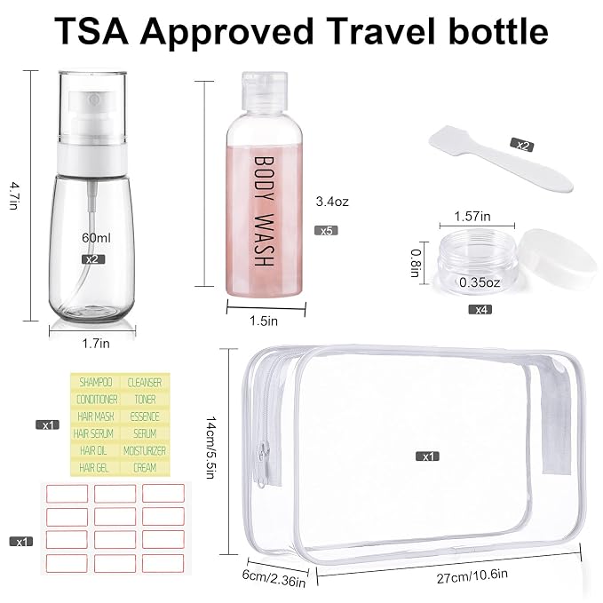 Travel Bottles for Toiletries 6 Pack 3.4oz TSA Approved Travel Size Containers Leak Proof Shampoo Bottles Squeezable Empty Plastic Toiletry Bottle Small Traveling Essentials(Clear)