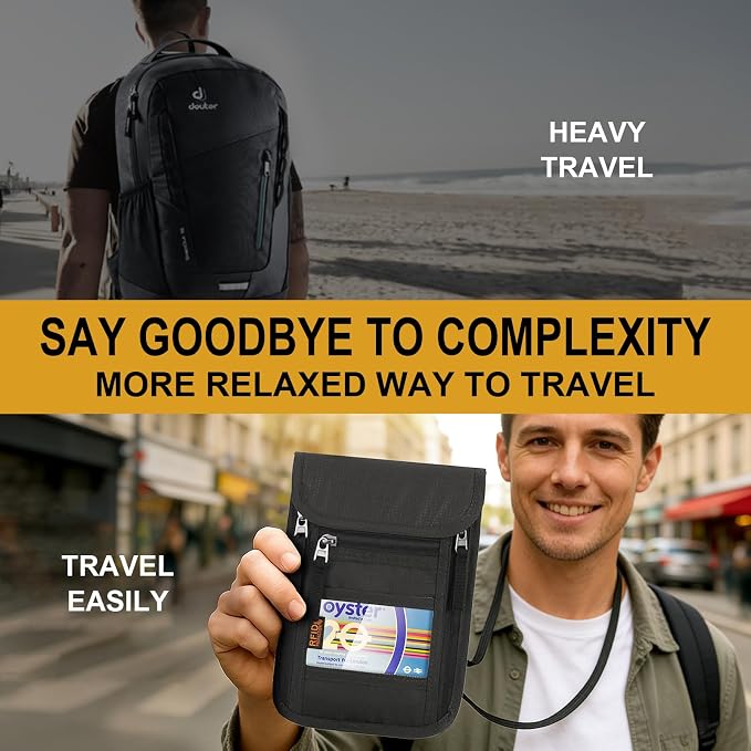 Travel Neck Wallet with RFID Blocking & Passport Holder - Large Capacity Hidden Pouch for Phone, Cash, Cards, ID | Slim Fit, Anti-Theft Organizer for Airports, Sightseeing