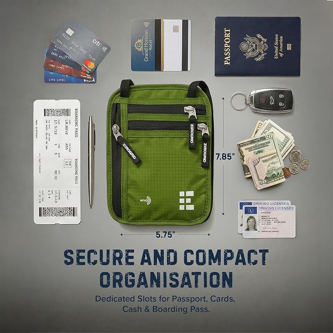 Neck Wallet for Travel & Passport Holder with RFID Blocking - Slim & Easy to Conceal Nylon Travel Pouch for men & women - Holds Phone, Cash, Cards, Keys - Sweat & Water Resistant - Large - Green