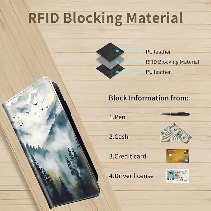 Checkbook Cover for Women & Men PU Leather Checkbook Covers for Personal Checkbook Slim Check Book Credit Card Holder Holder Wallet with RFID Blocking for Duplicate Checks,Misty Forest
