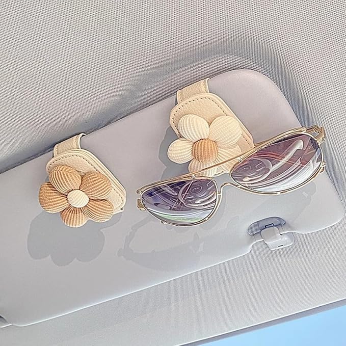 2pcs Car Sunglass Clip Flowers Magnetic Leather Sunglasses Holders for Car Interior Visor and Different Size Eyeglasses (Beige（2pcs）)