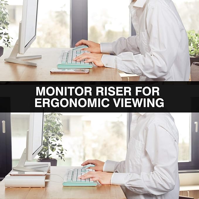 PG Silver Monitor Stand Riser with 4-Port USB Charging ports, Convenient keyboard organiser,Desktop Organizer for Computer, Laptop, TV, Printer - Ergonomic Keyboard Tray & Storage Shelf.