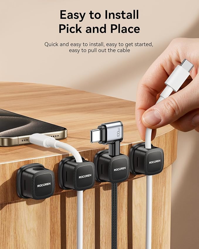 8 Pack Magnetic Cable Clips, Rocoren Under Desk Cord Holder Cable Management-1s Lock, Adhesive Cord Cable Clip Wire Holder Keeper Organizer for Phone Car Home Office Desk Wall Desktop Nightstand