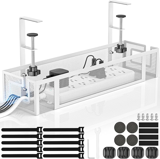 Under Desk Cable Management Tray, GZOKMOG 15.75" No Drill Cable Management Under Desk, Heavy Duty Metal Cord Organizer, Home Office Wire Management for Standing/Gaming Desk, 1 Pack White
