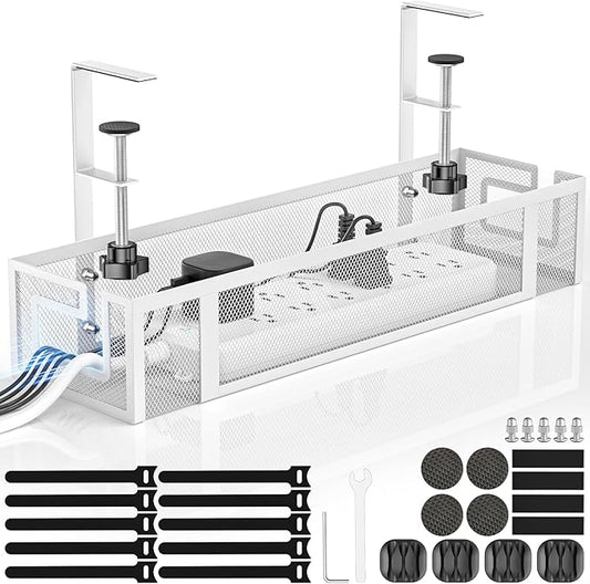 Under Desk Cable Management Tray, GZOKMOG 15.75" No Drill Cable Management Under Desk, Heavy Duty Metal Cord Organizer, Home Office Wire Management for Standing/Gaming Desk, 1 Pack White