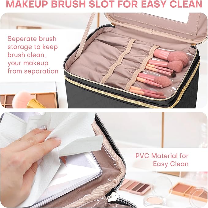 HXLGMD Large Makeup Bag with Mirror Double Layer Travel Make Up Organizer Case, Large Capacity Coemetic Bag with Brush Slot Divider