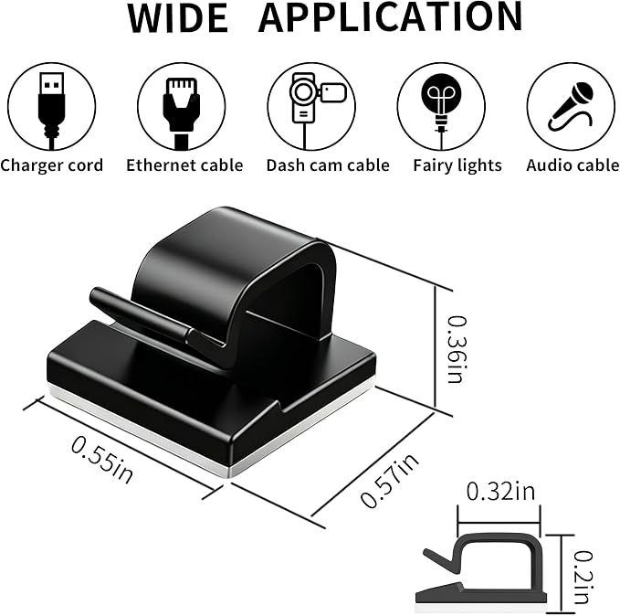 30 Pack Adhesive Cable Clips for Cord Management, Small Wire Holders for Desk Wall Car, Strong Sticky Cable Organizer for Phone Charger, USB, TV, Ethernet & More (30, Black)