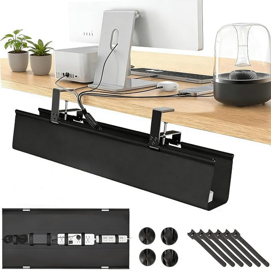 No Drill Under Desk Cable Management Tray, 28" Fabric Cord Hider for Wire Organizer, Clamp/Screw Mount Desk Cable Management, Cable Raceways Tray Cord Hiders for Office/Home
