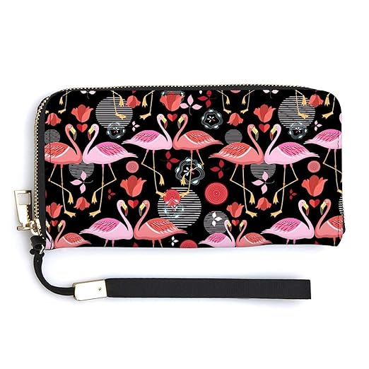 Clutch Wallet Holder for Women Men Beautiful Pink Lovers Flamingo Heart Rose Portable Accordion Zipper Credit Card Storage Bag Waterproof Purse Leather Wallet for Travel Work Shopping