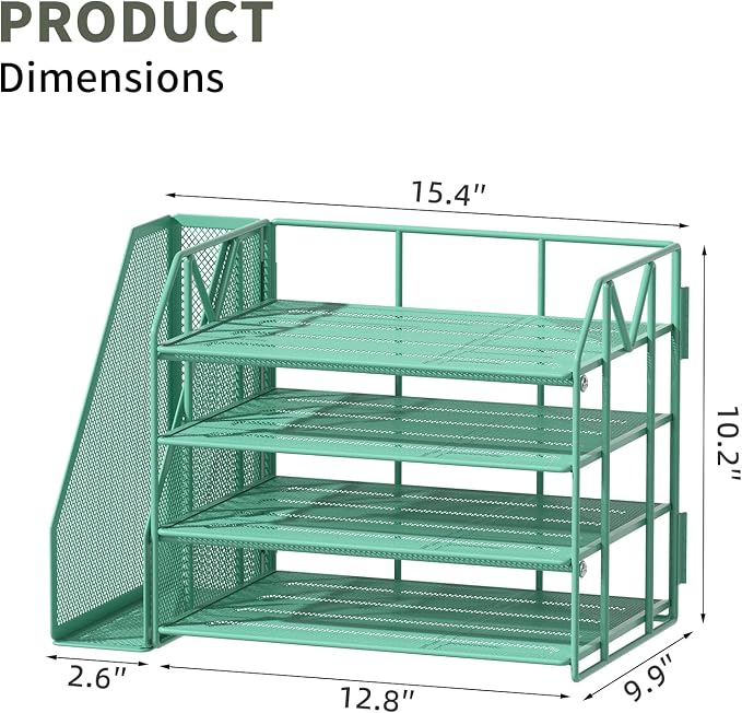 4-Tier Paper File Organizer with Bookend, Metal Desk Organizer, Tiered Paper Tray for Letter/A4 Files, Desktop Office Supplies Storage Rack for Home Office, Classroom, School & Work,Green