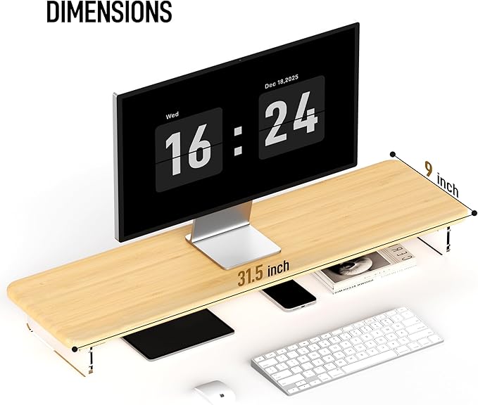 AFOOYO Bamboo Monitor Stand Riser, 31.5In Desk Organizer, Adjustable Arylic Feet Computer Monitor Stand, Desk Shelf for Office