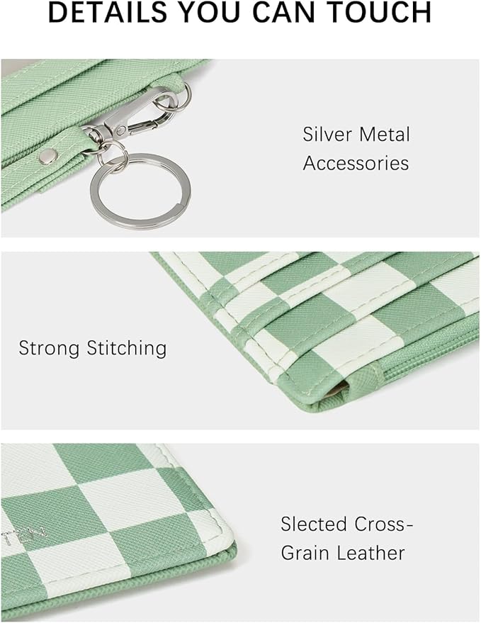 BOSTANTEN Small Wallet For Women RFID Leather Credit Card Holder Slim Wristlet Keychain Wallet With Zipper Pocket, Mint Green Checkered
