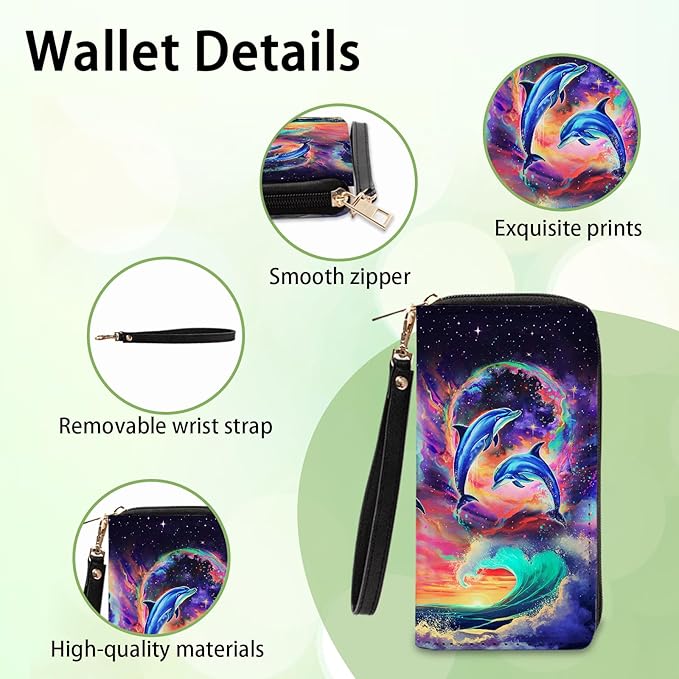 Ocean Lovers Gift Womens Wallet - Small Slim PU Leather Wallet for Women with Zipper Coin Purse, Credit Card Holder Travel Wallets, Wristlet Wallets for Female Teen Boys Girls (Dolphin Themed Present)