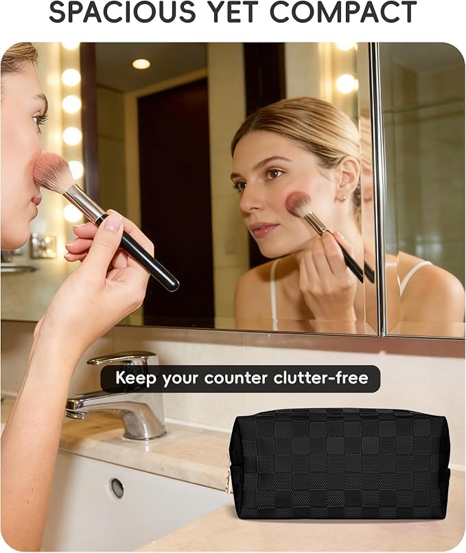 Checkered Makeup Bag for Purse - Cute PU Leather Travel Cosmetic Pouch for Women, Portable Flat Toiletry Organizer with Gold Zipper(black)
