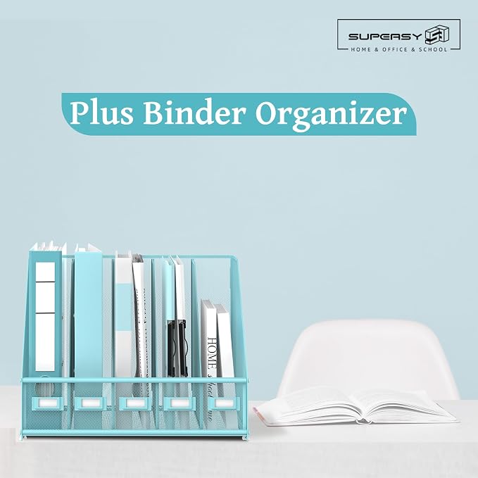 SUPEASY Desk Organizers Metal Desk Magazine File Holder with 5 Vertical Compartments Rack File Organizer for Office Desktop, Classroom, Home Workspace, Blue Plus