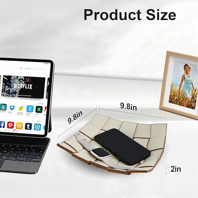 Valet Tray PU Leather Key Bowl for Men Women Entryway Table Nightstand Catchall EDC Dump Tray for Wallet, Keys, Jewelry Men's Gift - Coffee & White, 9.8" L x 9.8" W x 2" H