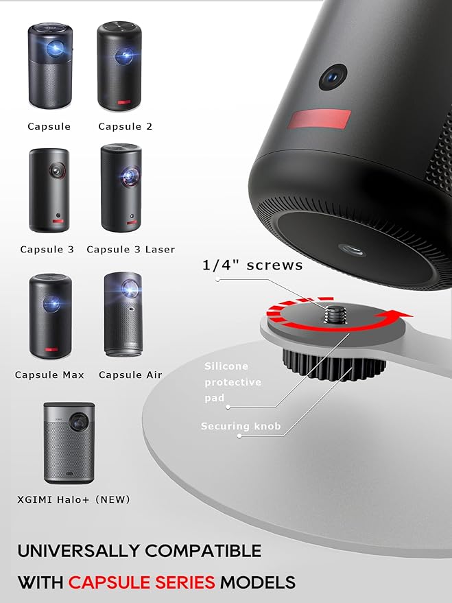 Projector Stand for Nebula Capsule Series & XGIMI Halo+(New) Works with Capsule 3/Air/Pro, Mini Projectors | Ceiling & Wall Projection, Height Adjustable, 360° Rotation | 1/4-Inch Screw(A-White)