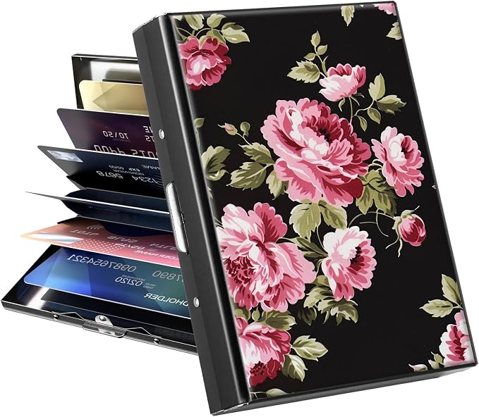 Metal Wallet, Credit Card Holder for Women Men Girls, RFID Blocking Aluminum Wallet Slim Hard Case, Mini Travel Wallet, ID Card Holder Business Card Case,Flower Floral