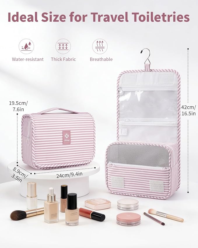Narwey Small Hanging Toiletry Bag for Travel Women Girl, Striped Toiletries Travel Bag with Hook, Hanging Makeup Bag Organizer Make Up Cosmetic Bags, Gifts for Kids Teen (Dusty Pink Stripe)
