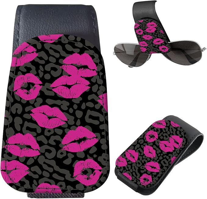 Sunglasses Holder for Car Visor, PU Leather Glasses Clip Organizer, Cute Magnetic Eyeglass Holder for Vehicle Sun Visor, Car Interior Accessory for Women & Men Hot Pink Lips Leopard