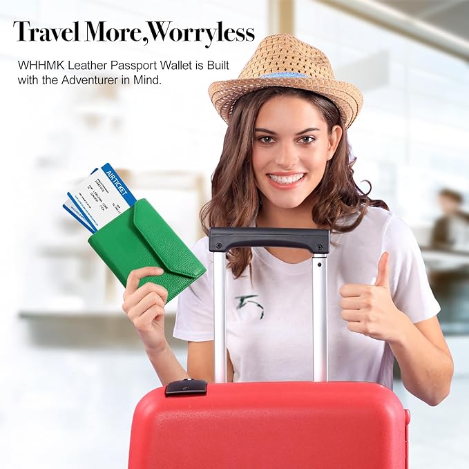 WHHMK Leather Passport Holder for Travel,Rfid Passport Holder Protect Your Card Security,Passport Book Holder for Women,Travel Wallet with Cards & Pen Slots,Boarding Pass,Zipper Cash Pocket(Green)