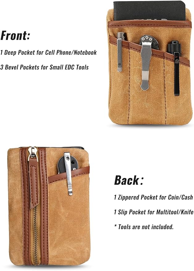 Sayram SP6 EDC Pouch, Waxed Canvas Compact Pocket Organizer, EDC Pocket Pouch for Men, Zippered Pocket Pouch, Mini EDC Organizer for Everyday Carry, Multitool Organizer Pouch (Oil Wax Brown)