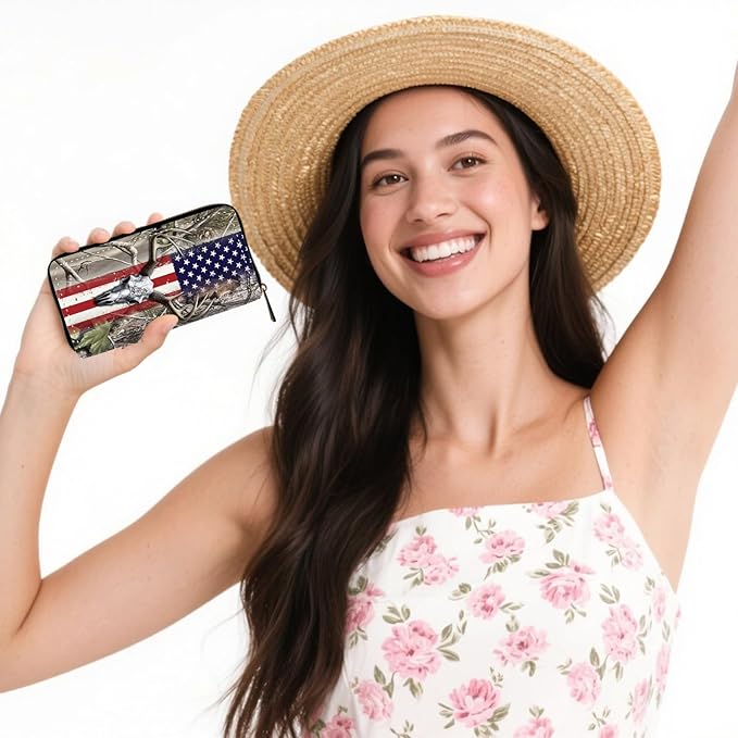 Zip Around Wallets for Women with Detachable Wrist Strap, Large Capacity RFID Blocking Leather Purse Organizer Card Holder Wristlet,American Flag Camo Deer Skull