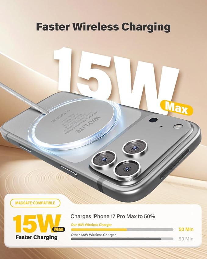 6FT Magnetic Wireless Charger Charging Pad - 15W Fast Phone Charger Puck for Apple iPhone 17 16 15 14 13 12 Series & AirPods 4 3 2 Pro, Phone Charging Pad with Plug for Desk & Travel, 2Pack White