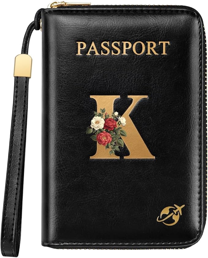 Passport Holder Cover Wallet with Zipper Personalized Initial Letter K Rose Flower RFID Blocking Travel Wallets Credit Cards Holder for Women, Gift for Wife and Girlfriend,K