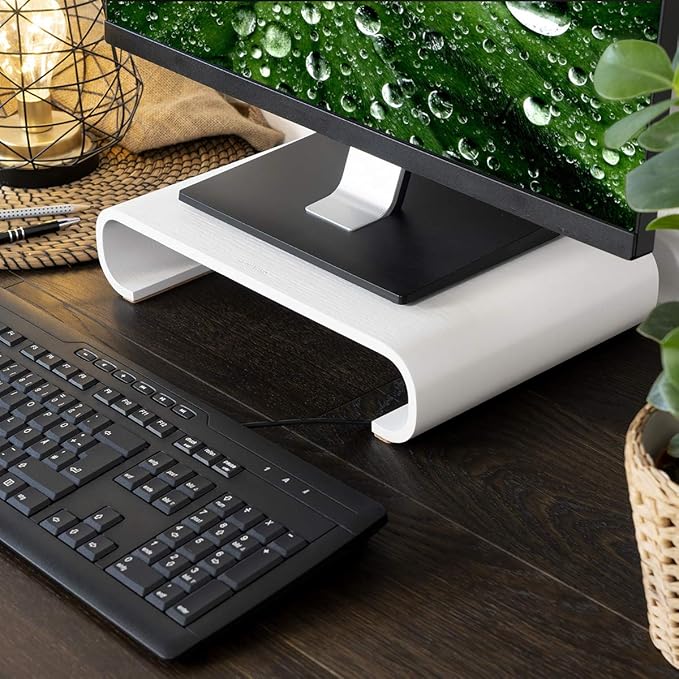 Navaris Wood Monitor Stand Riser - Computer Desk Organizer Desktop Dock Wooden Mount Display for PC TV Screen Notebook Laptop - Oak with White Stain