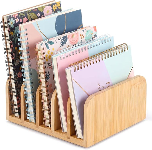 Lineshading Bamboo Letter Organizer, 5 Compartments Desk Mail Organizer, Desktop Envelope Holder and Letter Sorter, Countertop Paper File Holders with Anti Slip Mat for Home Office(Bamboo Color)