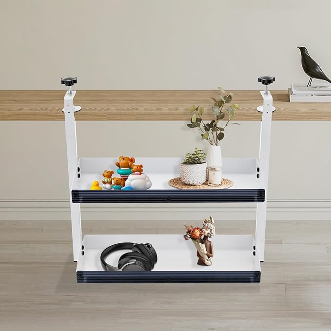 Clamp on Desk Shelf for Working Accessories, 2 Tier Office Desk Shelves Organizer with 2 Mounting Forms, Desktop Supplies Storage Rack with Steel Tray, Heavy Duty Desk Organizers, White