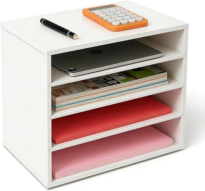 EMERIT 4-Tier Adjustable Paper Organizer, Large Capacity Desktop Organzier for Textbooks/Magazines/Office Files, Wooden Dividers, 7 lbs per Shelf, White