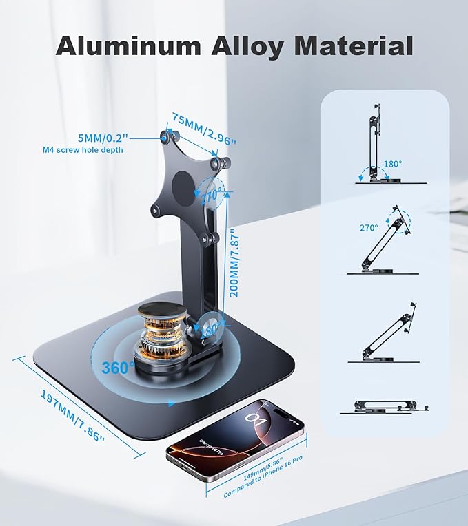 Portable Monitor Stand VESA 75x75mm Holes M4 Anti-Loss Screws, Aluminum Alloy Base, Fits 7"- 18", 15.6" 16" 17" 17.3" 18" Inch Small Monitors Lay Flat, Black Desk Mount (Not Fits100x100mm)