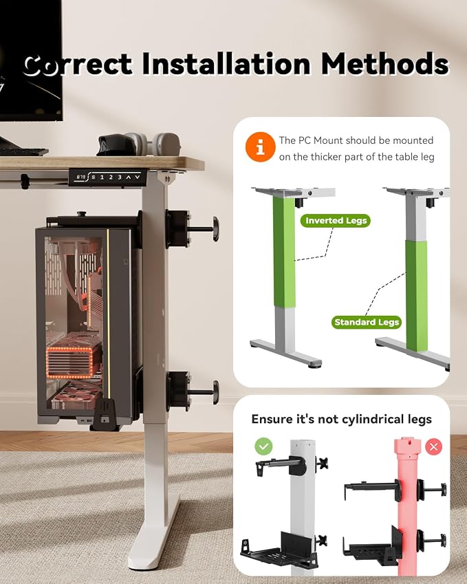 JOY worker No Drilling Under Desk PC Mount for Standing Desk, Clamp-On Desk Leg Computer Mount with Extra Protective Arms, Adjustable Computer Case CPU Holder Holds Up to 44lbs, Black
