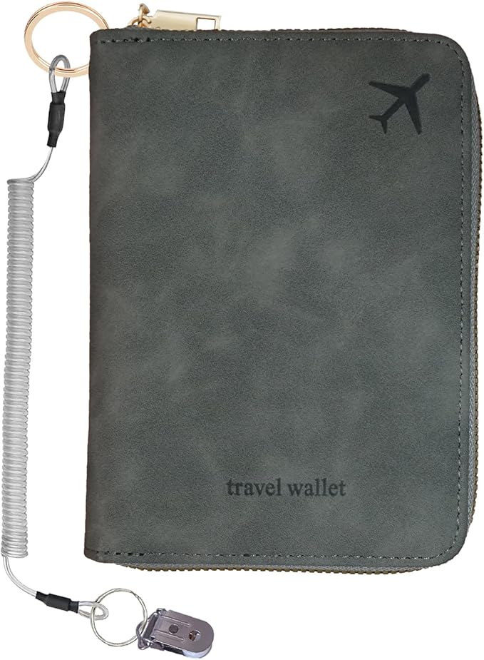 Passport Holder with Tether and Clip to Prevent Loss and Theft, Rfid Passport Holder for Travel, Passport Cover Wallet, Passport Case for Men and Women (Gray - Tether and Clip)