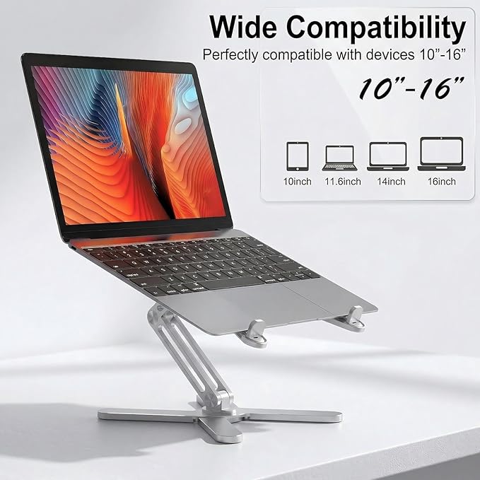 Atizzy 360 Rotating Laptop Stand for Desk, Ergonomic Foldable Aluminum Computer Riser, Adjustable Desktop Holder for Desk, Compatible with All Laptops up to 16 Inches, Silver